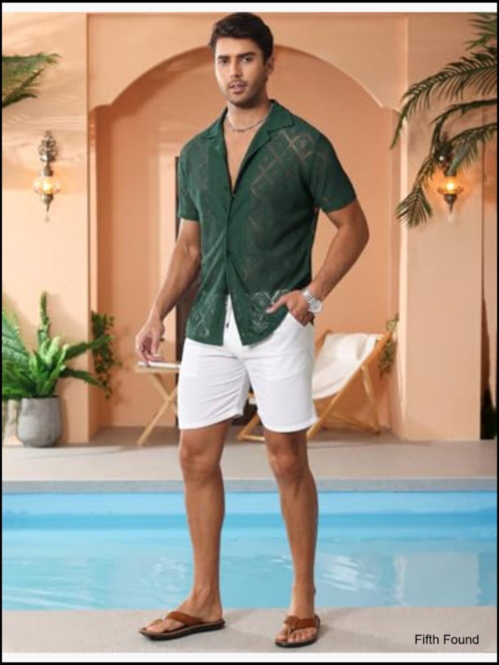Men's Sheer Lace Button Down Shirt Hollow Out Short Sleeve Casual Beach Shirt - Picture 5 of 7